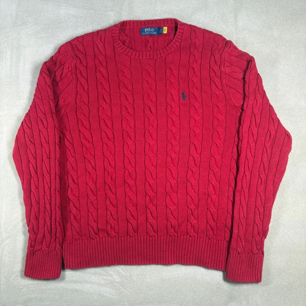 Polo Ralph Lauren Mens Red Cable Knit Cotton Crewneck Sweater Large Pony Logo